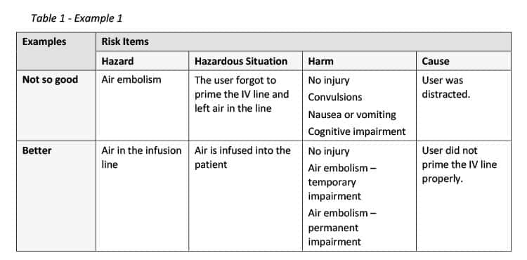 Table 1 - Risk Items
