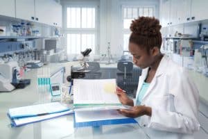medical professional looking through notes