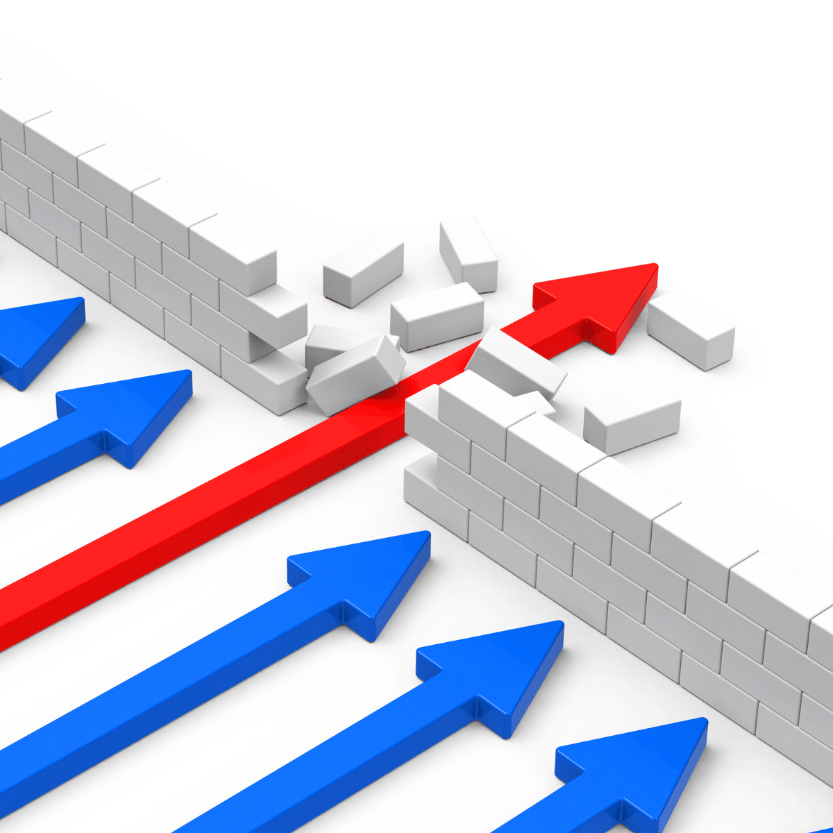 blue arrows stuck behind white wall and a red arrow breaking through