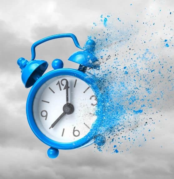 blue alarm clock disintegrating