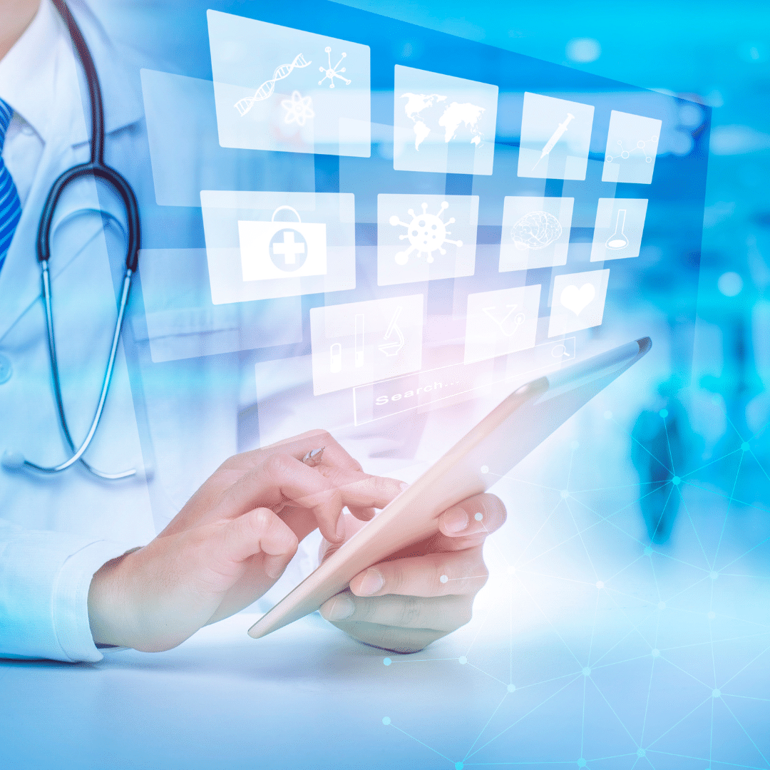 doctor using tablet with graphic overlay of icons coming out of tablet