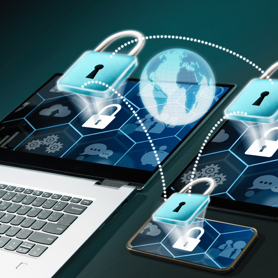 locks over top devices to represent secure software