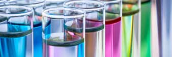close-up of liquids in flasks